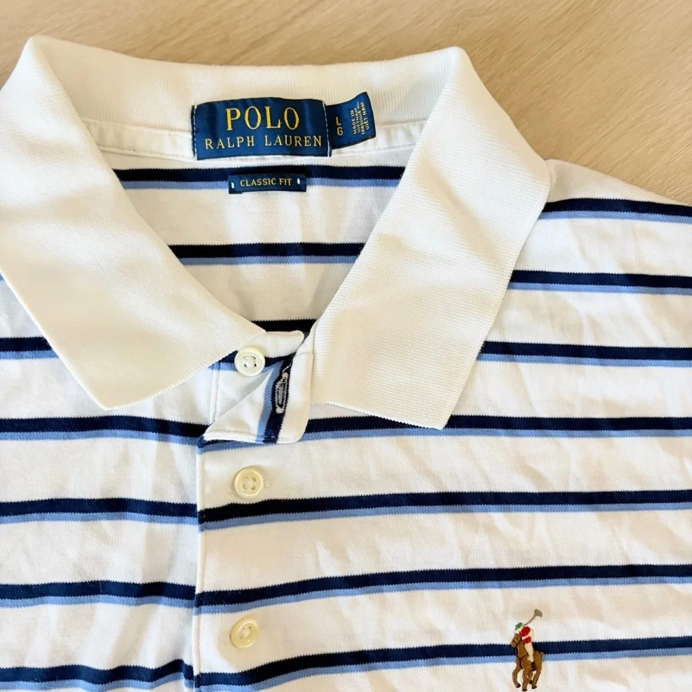 Polo Ralph Lauren Men’s Classic Fit Polo Shirt White Blue Striped Short Sl Large